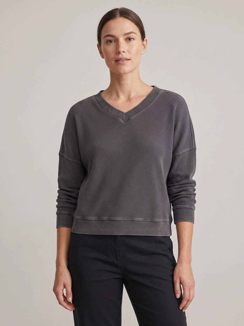 Madewell Waffle Knit Boxy Relaxed Fit Sweatshirt Tee Women's Large Grey